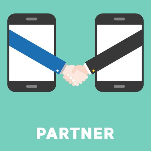 Shaking hand from smart phone, flat design e commerce partner concept vector