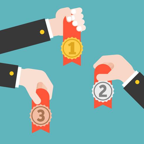Hand hold a ribbon badge, first second and third place badge vector
