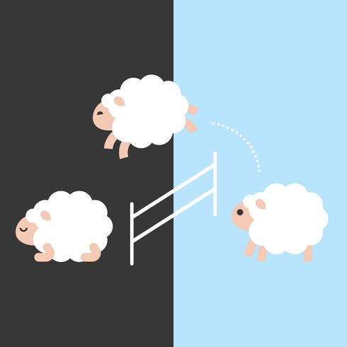 Cute sheep jumping over a fence between day and night, flat design vector