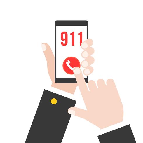 mano de negocios con teléfono inteligente llamando a la policía 911 desde la aplicación, diseño plano vector