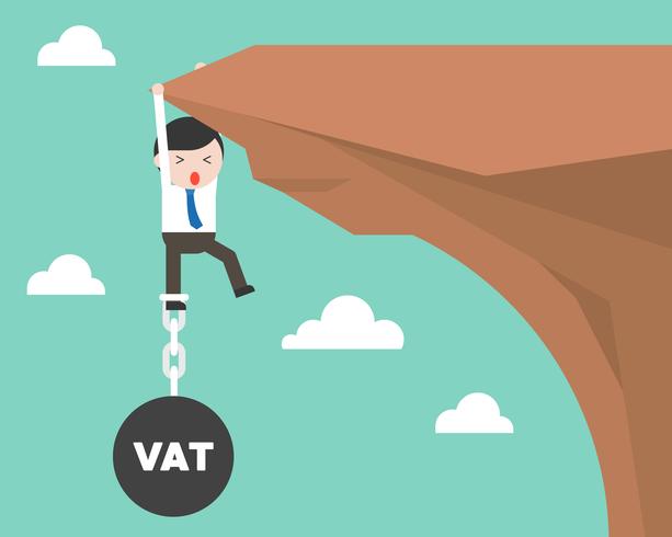 Businessman chained with Vat iron ball hanging on cliff vector