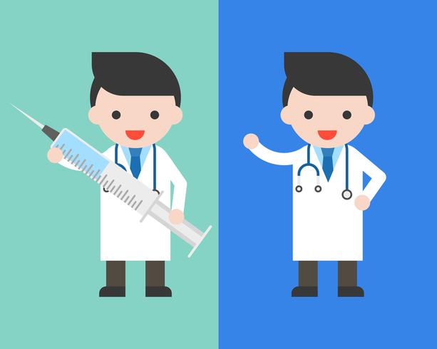 Doctor in gown with big injection needle vector