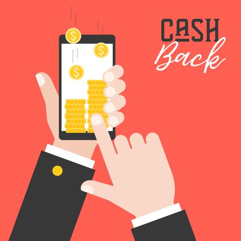 business hand holding smart phone and get cash back from application vector