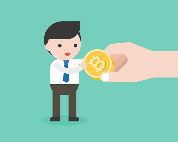 Businessman receive bit coin from big hand, cryptocurrency wage concept vector