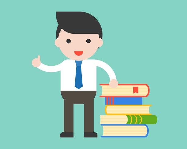 Businessman, librarian or teacher stand with stack of books, education concept vector