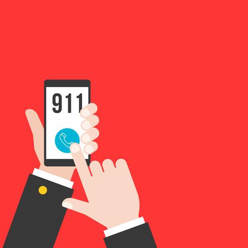 mano de negocios con teléfono inteligente llamando a la policía 911 desde la aplicación, diseño plano vector