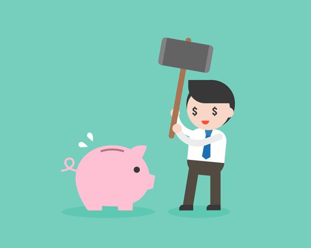 Greedy Businessman holding big hammer destroy piggy bank