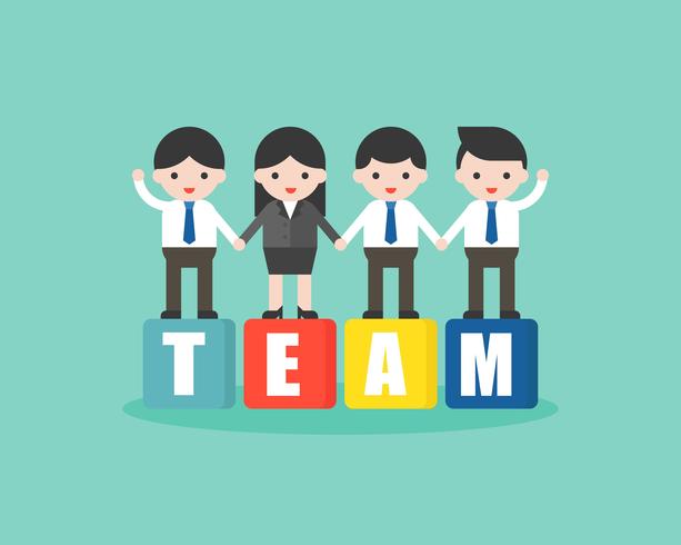 Business people standing on block and holding hand, teamwork concept vector