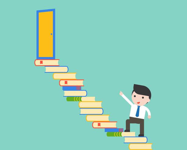 Cute businessman walk on pile of books steps to the exit door vector