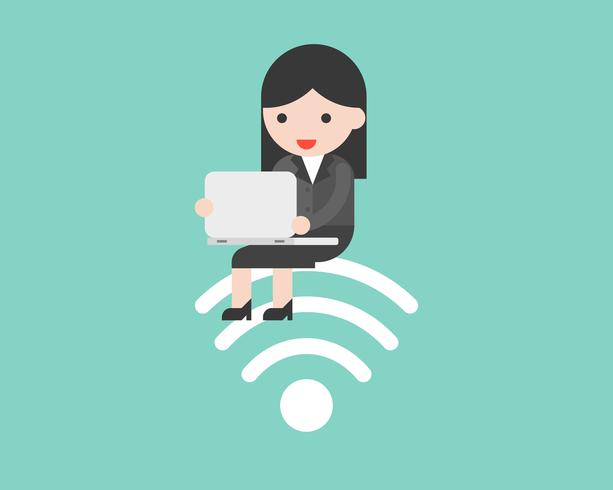 Gente de negocios sentado en el símbolo de wifi y utilizando el trabajo portátil vector