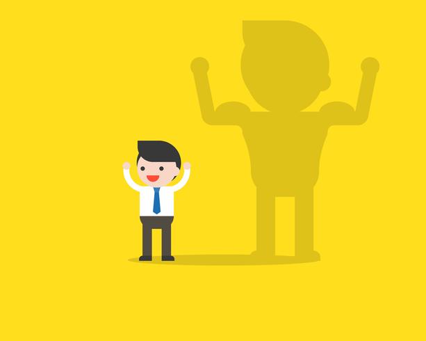 Cute businessman and his shadow with muscle on the wall vector