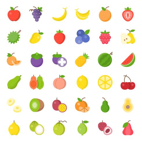 Conjunto de iconos planos de fruta linda, como naranja, kiwi, coco, plátano, papaya, melocotón vector