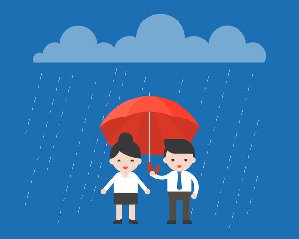 Businessman sharing an umbrella with businesswoman, gentleman concept vector