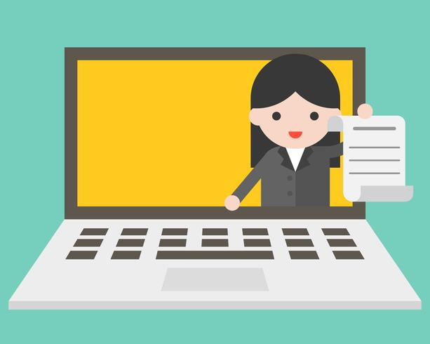 Business woman in laptop screen sending document, online working concept vector