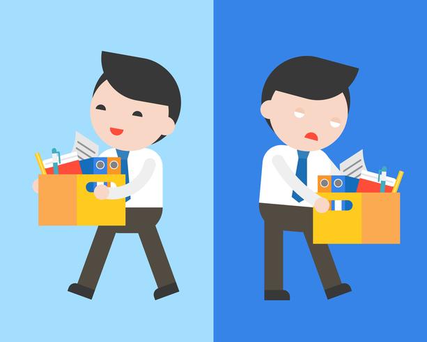 Happy businessman and  bored businessman carry a document box vector