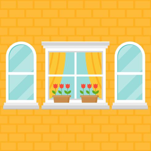 window and flower pot on brick wall vector