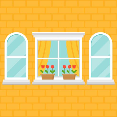 window and flower pot on brick wall vector