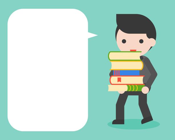 Businessman carrying stack of books and blank speech bubble vector