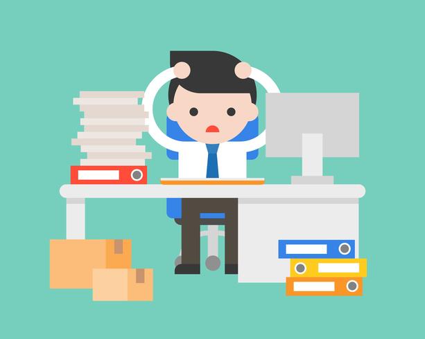 Businessman stress in work place with pile of document and desk vector