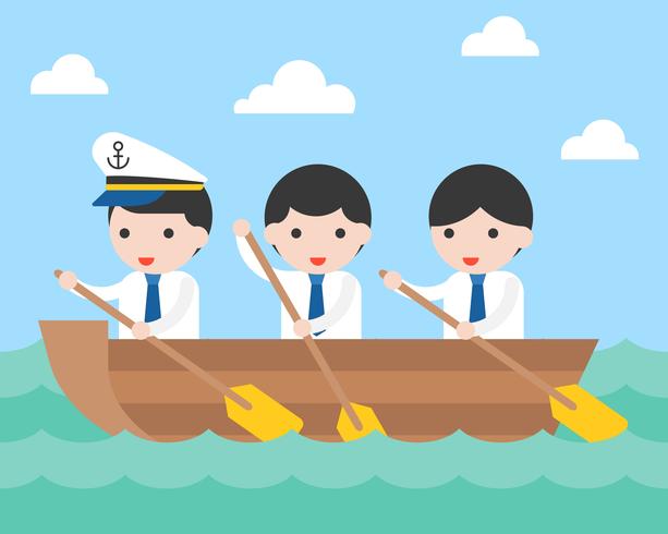 Businessman team rowing boat in sea wave vector