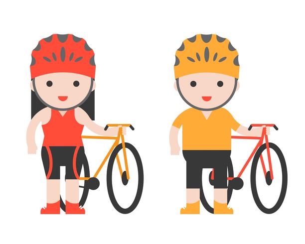 Lindo personaje ciclista y bicicleta, diseño plano. vector