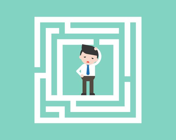 Confused Businessman in labyrinth, flat design solution concept vector