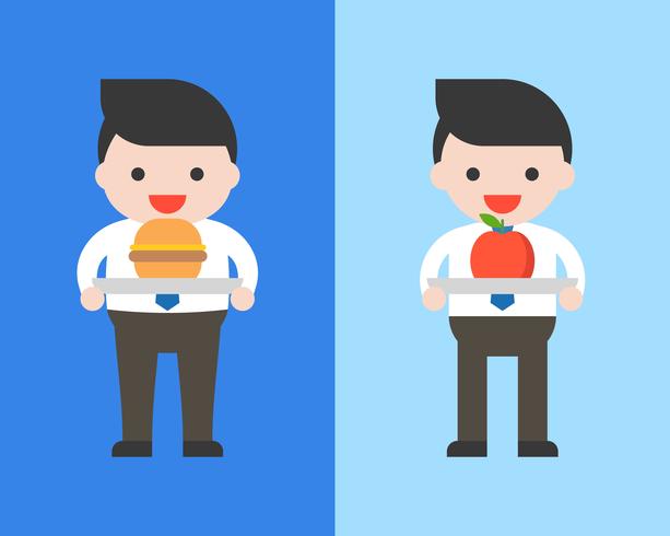 Obesity man and businessman  with burger and apple vector