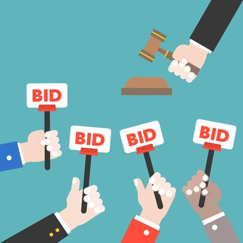 Hand hold bid sign and judge hammer, Auction bidding concept, flat design vector