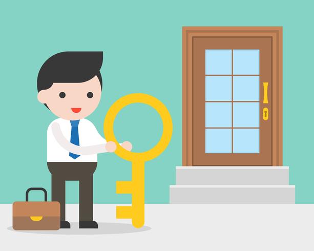 Businessman and big key standing in front of door of store vector