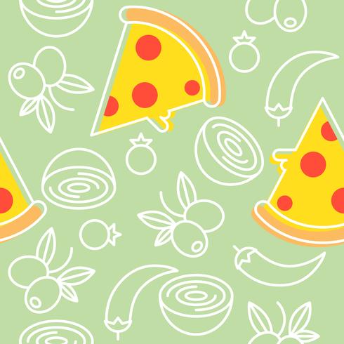 Pizza e ingredientes sin patrón, esquema para el fondo de pantalla y fondo vector