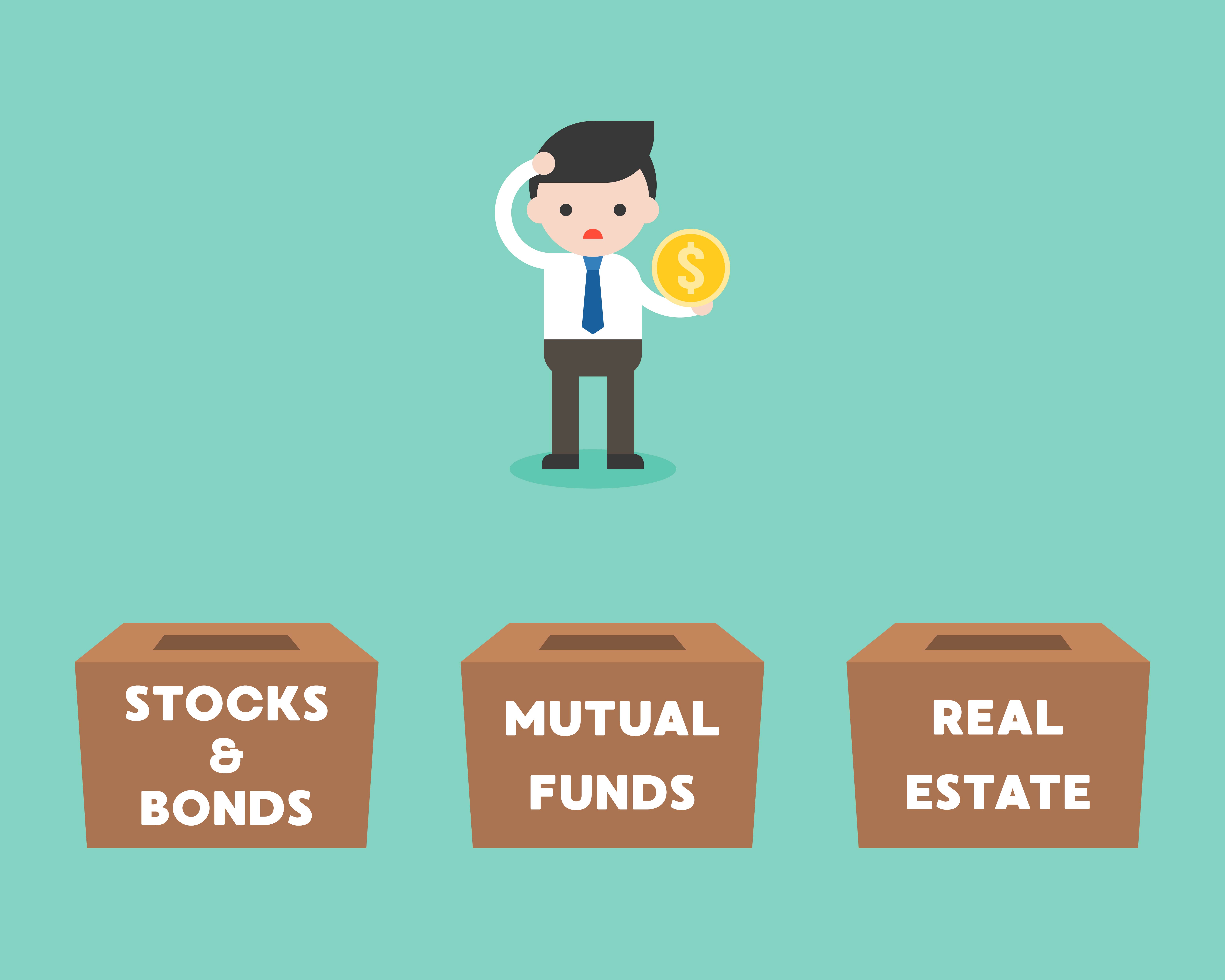 Businessman choosing box for investment between stock and bonds, 464554