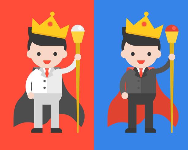 Businessman in black and white suits, wearing crown and wand as king, leader vector