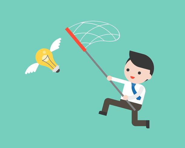 Businessman try to catch flying idea bulb with a net  vector