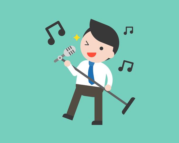 Businessman holding microphone and singing, flat design