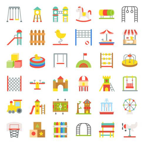 Juguetes, juegos infantiles e icono de paseos, diseño plano. vector