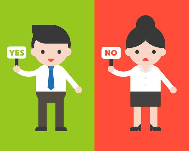 Businessman hold yes sign and businesswoman hold no sign vector