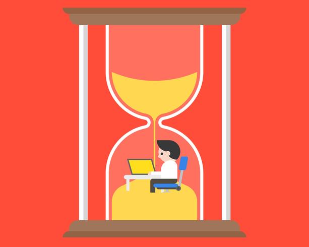 Businessman working at office desk in hourglass, time management concept vector