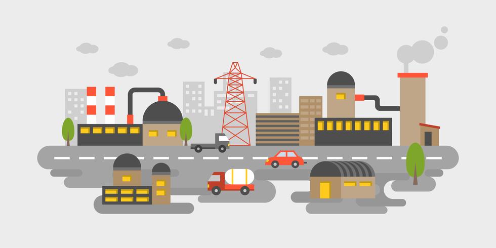 Industrial estate, factory scenery view in flat design pollution concept vector