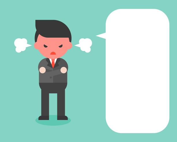 angry businessman in black suit and blank speech bubble, flat design vector