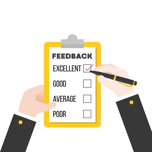 business hand checking feedback questionnaire, flat design vector