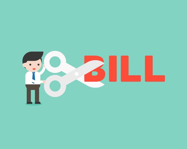 Businessman holding scissors to cut bill alphabet, cost reduction cencept vector