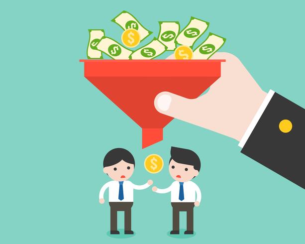 Businessman and small money from filter, unfair paid and unequality capitalism vector