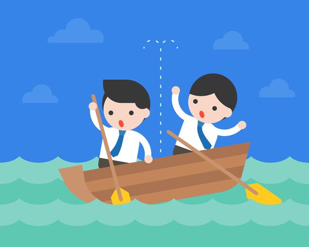 Businessman in small leaky boat in ocean, crisis business situation concept vector