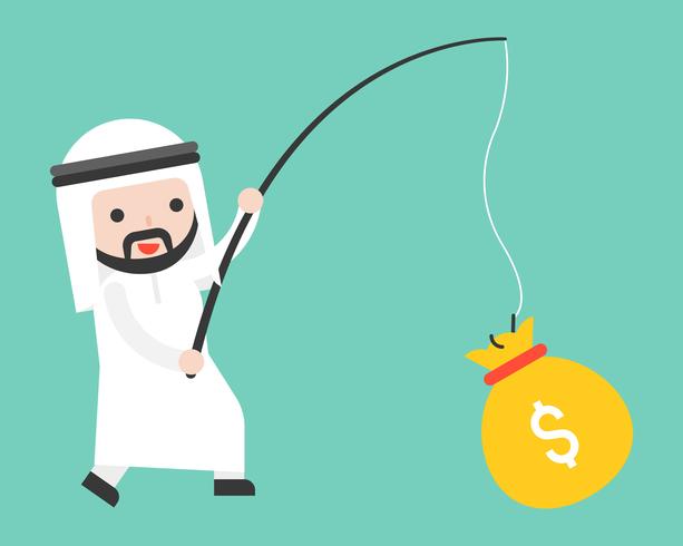 Cute Arab businessman got money bag by fishing rod, business situation vector