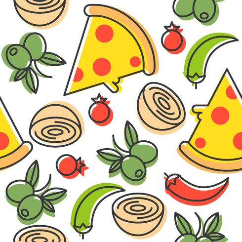 Pizza and ingredients seamless pattern, outline style vector