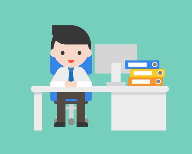 Business man sit on chair with desk in office and computer, vector