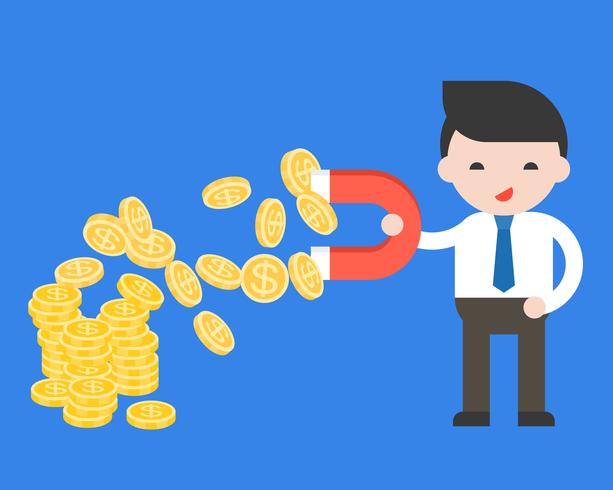 Businessman hold magnet to pull a coin from stack of coins, wealthy concept vector