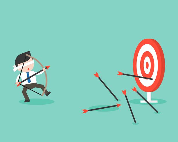 Blind businessman try to use bow and arrow for archery but missing the goal  vector