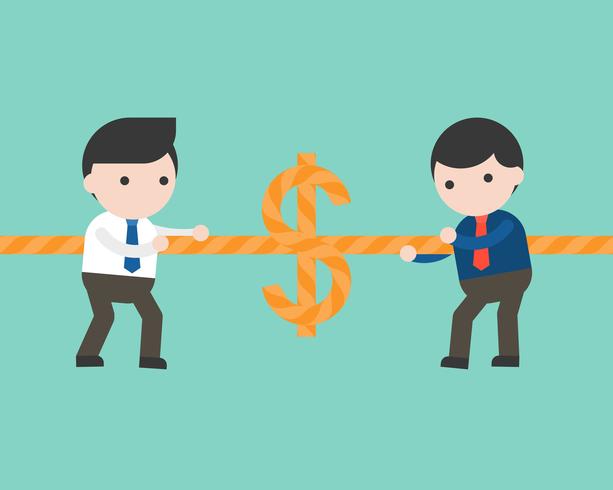 Two businessmen pulling rope, tug of war money game vector