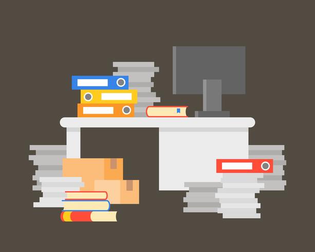 Pile of documents with office desk and computer vector